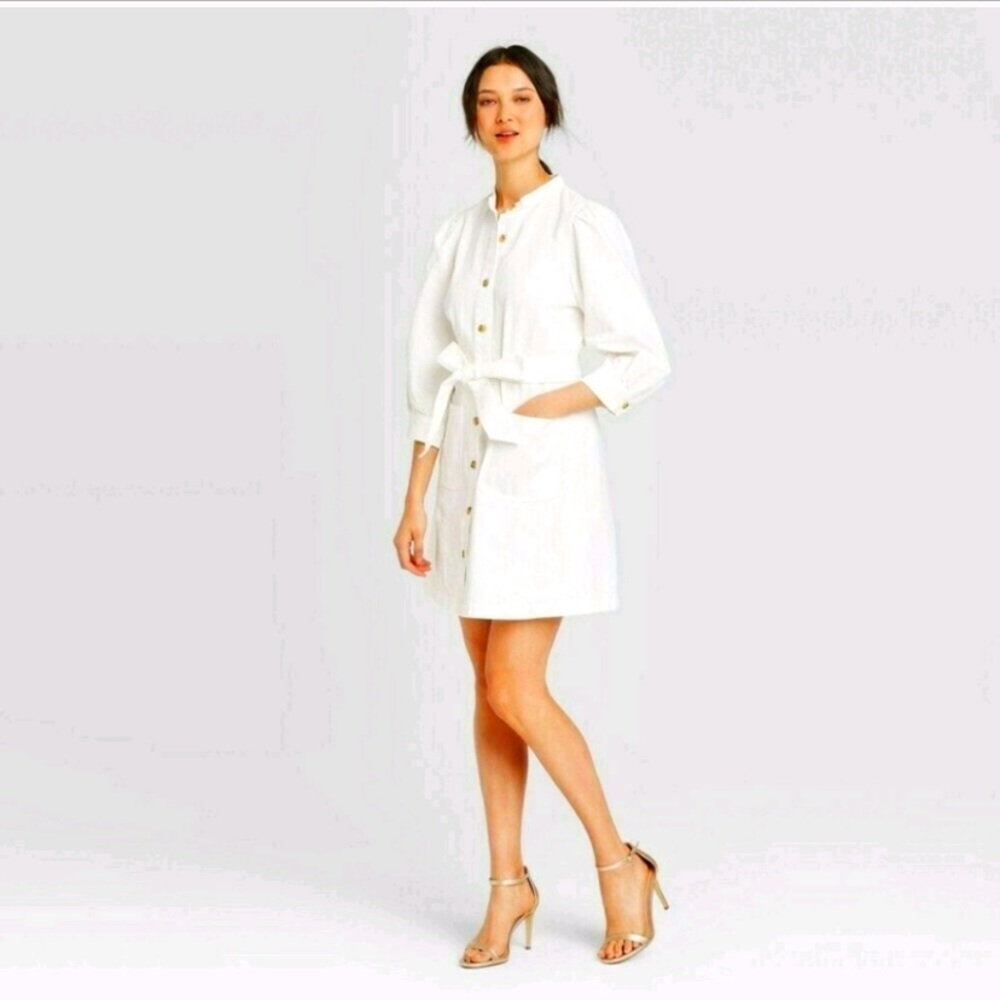 Who What Wear White Denim Puff Sleeve Dress